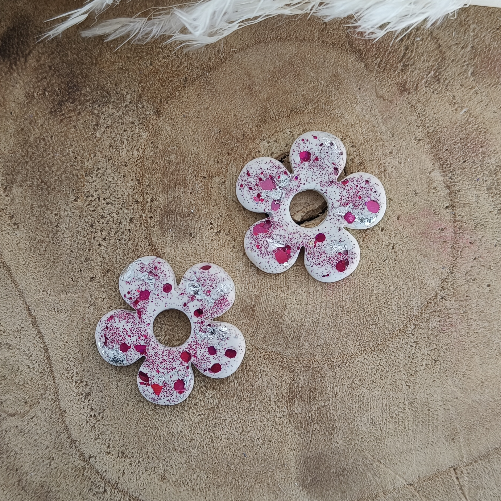 Pampille Florie interchangeable argent pailleté rouge fushiaen jesmonite par melissanacrea